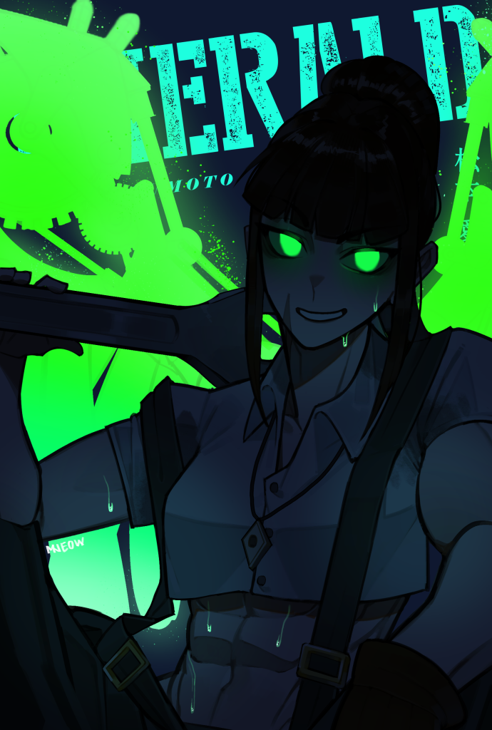 Ai poster alt. Ai crouches with an oversize wrench slung over her shoulder, grinning down at the camera. Her abs are out. In this version, the scene has gone dark and the silhouette of bright green mechanical angel wings springs from her back. Her eyes are also glowing green. And she's sweating. Art by grimmjeow