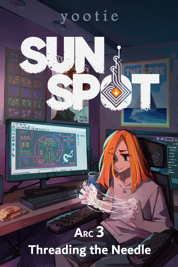 Ezzen sitting in front of his PC, struggling to weave. On his desk is a diagram for a mantle, and on the walls are posters of the Spire, HIna, and the glyph lexicon. The arc 3 cover. By togekko.